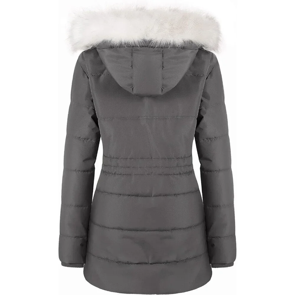 Women's Dark Grey Winter Warm Long Drawstring Waterproof Snow Puffer Jacket